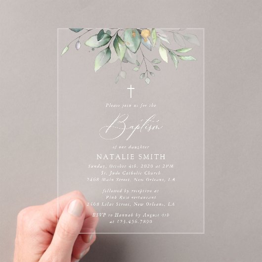Invitations En Acrylique Greenery, Eucalyptus Leaves, Boho, Baptism (In situ (ordinateur de poche))