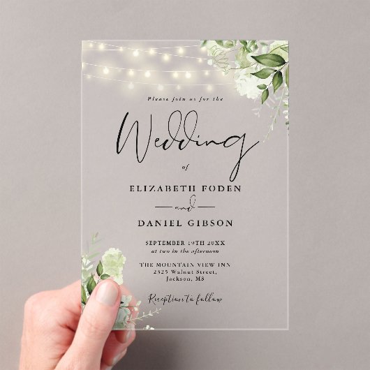 Invitations En Acrylique Greenery Floral String Lights Script Wedding (In situ (ordinateur de poche))