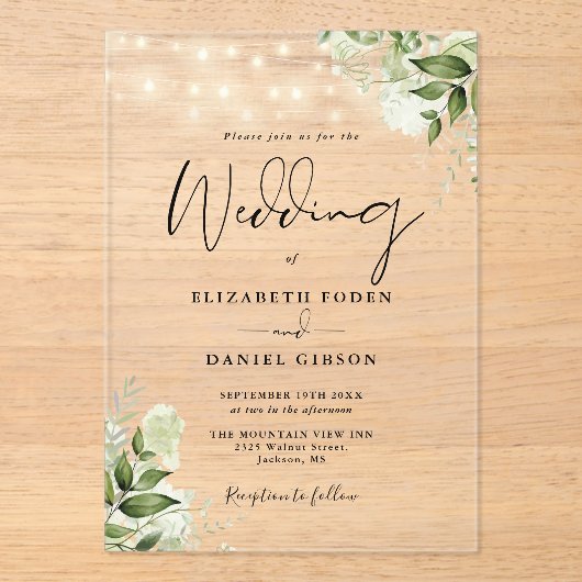 Invitations En Acrylique Greenery Floral String Lights Script Wedding (Recto)
