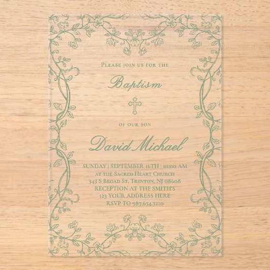 Invitations En Acrylique greenery frame Baptism  (Recto)