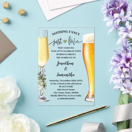 Invitations En Acrylique Greenery Nothing Fancy Just Love Bubbles & Brew (Insitu (Mariage))