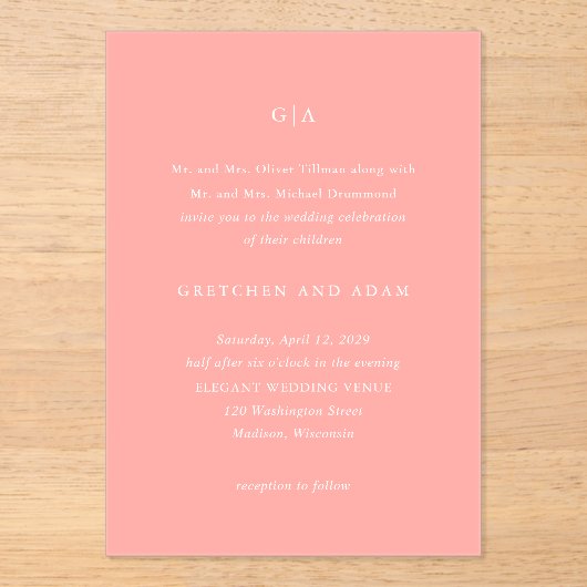 Invitations En Acrylique Gretchen Coral rose Élégant Mariage (Recto)