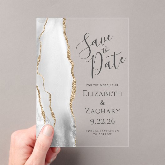 Invitations En Acrylique Gris moderne Blanc Or Agate Mariage Enregistrer la (In situ (ordinateur de poche))