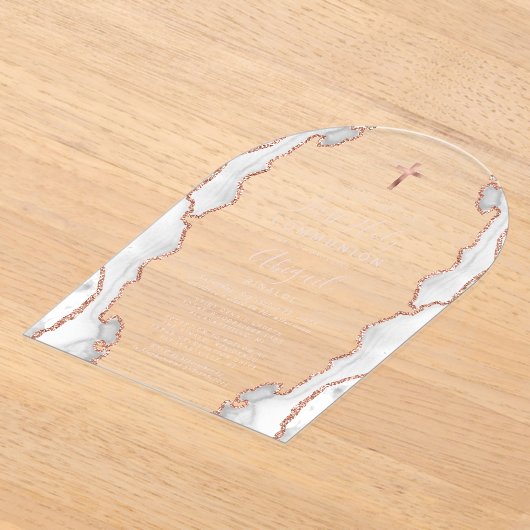 Invitations En Acrylique Gris Rose Or Agate Arche rose Première communion (Poser)