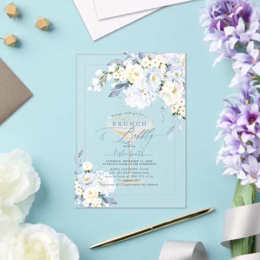 Invitations En Acrylique H2 Blue Hydrangea Cream Roses Brunch Bubbly (Insitu (Mariage))
