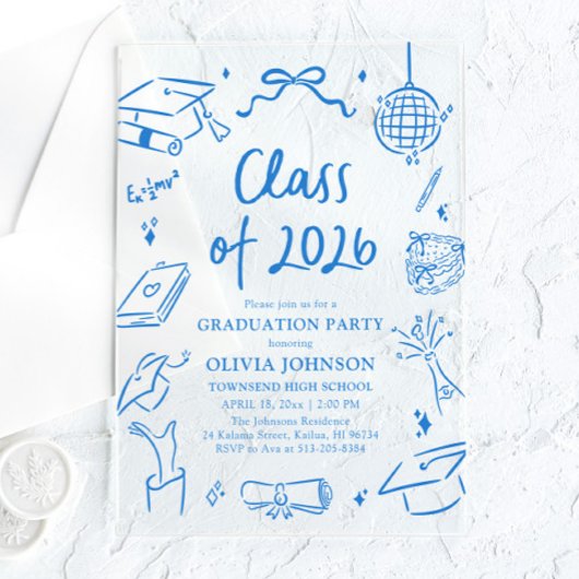 Invitations En Acrylique Hand Drawn Class of 2026 Blue Graduation Party