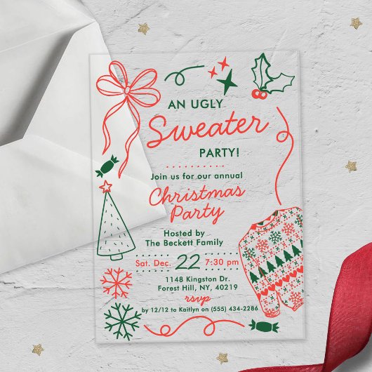 Invitations En Acrylique Hand Drwan Christmas Doodles Ugly Sweater Party