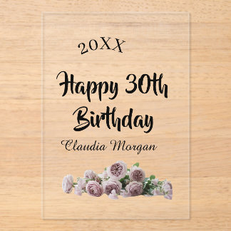 Invitations En Acrylique Happy 30th birthday pink white mauve floral name y