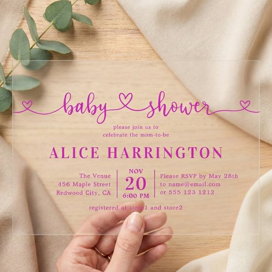 Invitations En Acrylique Heart Calligraphy Minimalist Pink Baby Shower