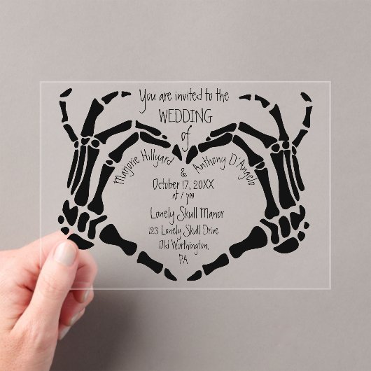 Invitations En Acrylique Heart Shaped Skeleton Hands Creepy Goth Wedding (In situ (ordinateur de poche))