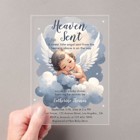 Invitations En Acrylique Heaven Sent Angel Baby In Clouds Baby Shower (In situ (ordinateur de poche))