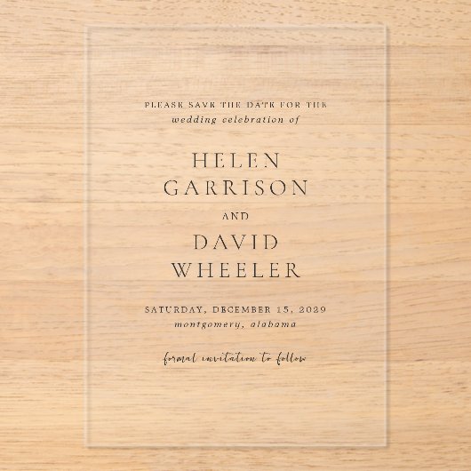 Invitations En Acrylique Helen Classic Mariage élégant Enregistrer la date (Recto)