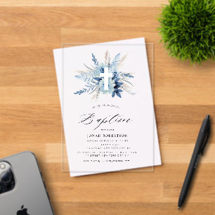 Invitations En Acrylique herbe des pampas bohème bleue florale croix baptêm
