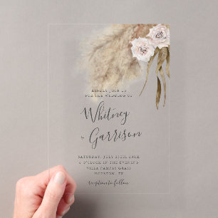 Invitations En Acrylique Herbe des Pampas Fleurs de Mariage Roses