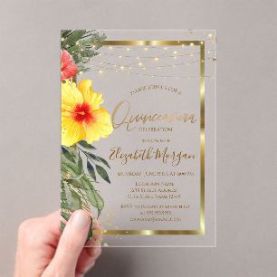 Invitations En Acrylique Hibiscus feuille de palmier, Lumières, Bois, Cadre