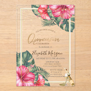 Invitations En Acrylique Hibiscus, Talons Dorés Pailletés Quinceanera