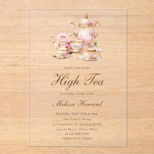 Invitations En Acrylique High Tea Pastel Gold Bridal Shower (Recto)