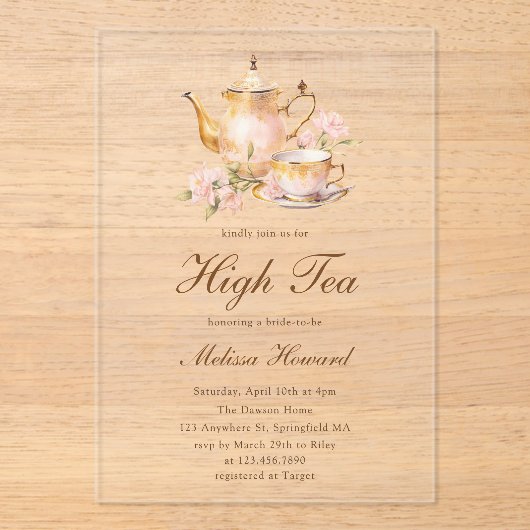Invitations En Acrylique High Tea Pastel Gold Bridal Shower (Recto)