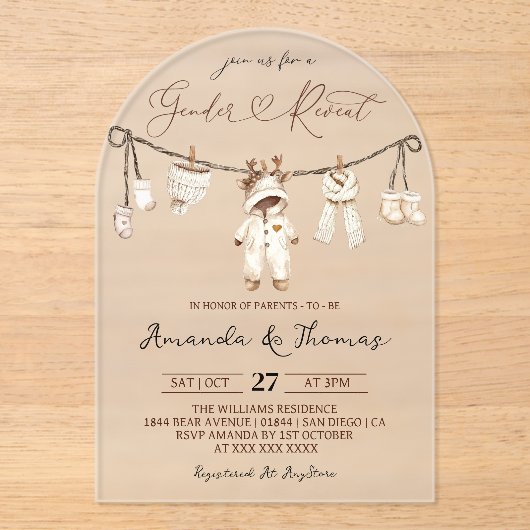 Invitations En Acrylique Hiver Boho Clothesline Révélation de genre (Recto)