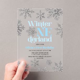 Invitations En Acrylique Hiver Onederland Bleu Silver Snowflake Anniversair