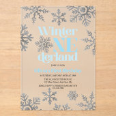 Invitations En Acrylique Hiver Onederland Bleu Silver Snowflake Anniversair (Recto)