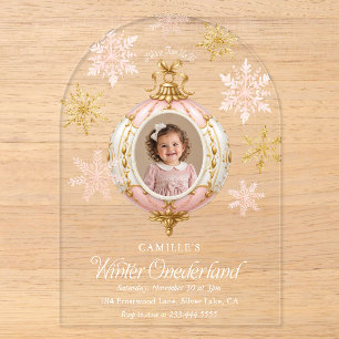 Invitations En Acrylique Hiver Onederland Flocon de Neige Rose