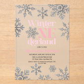 Invitations En Acrylique Hiver Onederland Pink Silver Snowflake Anniversair (Recto)