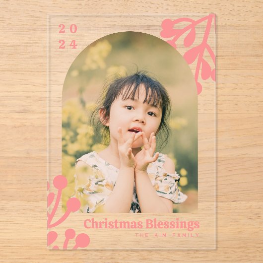 Invitations En Acrylique Holly Berries Arch Photo Pink Christmas (Recto)