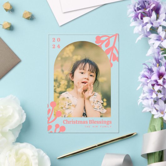 Invitations En Acrylique Holly Berries Arch Photo Pink Christmas (Insitu (Mariage))