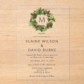Invitations En Acrylique Holly Berries Wreath Monogramme Mariage hivernal (Recto)