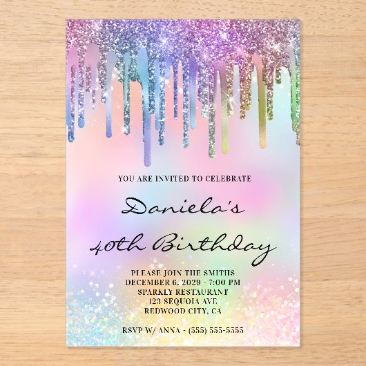 Invitations En Acrylique Holo Glitter Rainbow Drips 40th Birthday (Recto)