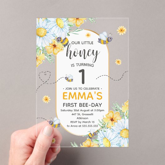 Invitations En Acrylique Honey Bee 1ère fête d'anniversaire (In situ (ordinateur de poche))