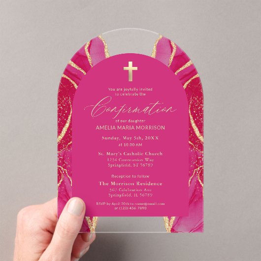 Invitations En Acrylique Hot rose Or Agate Confirmation moderne (In situ (ordinateur de poche))