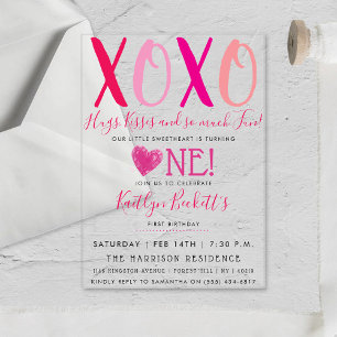 Invitations En Acrylique Hugs & Kisses (XOXO) Valentine's Day 1st Birthday