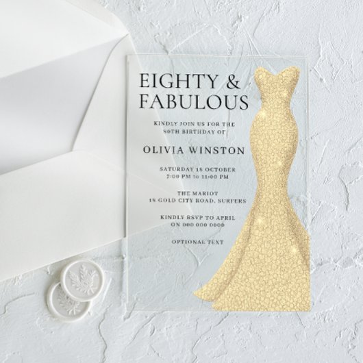Invitations En Acrylique Huit et fabuleuse robe d'or 80e anniversaire