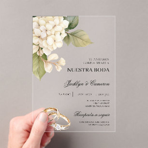 Invitations En Acrylique Hydrangea blanche avec anneau Mariage espagnol