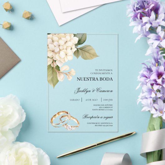 Invitations En Acrylique Hydrangea blanche avec anneau Mariage espagnol (Insitu (Mariage))