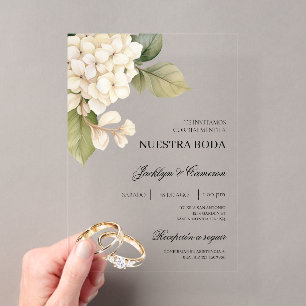 Invitations En Acrylique Hydrangea Blanche avec bague Mariage Espagnol