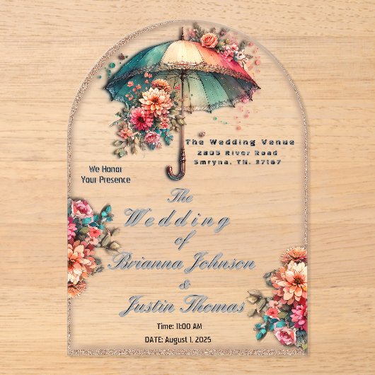Invitations En Acrylique Il pleut de beaux Mariages floraux (Recto)
