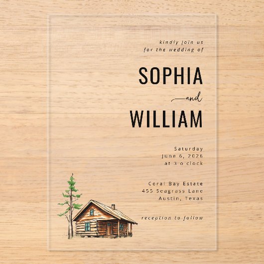 Invitations En Acrylique Illustration de chalet neutre rustique (Recto)