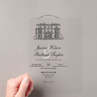 Invitations En Acrylique Illustration personnalisée à la main du manoir du