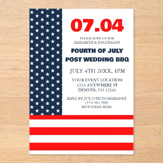Invitations En Acrylique Indicateur Étoiles et bandes 4 juillet Mariage BBQ (Recto)