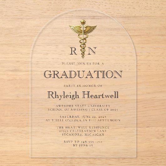 Invitations En Acrylique Infirmière RN Gold Caduceus Arch Party (Recto)