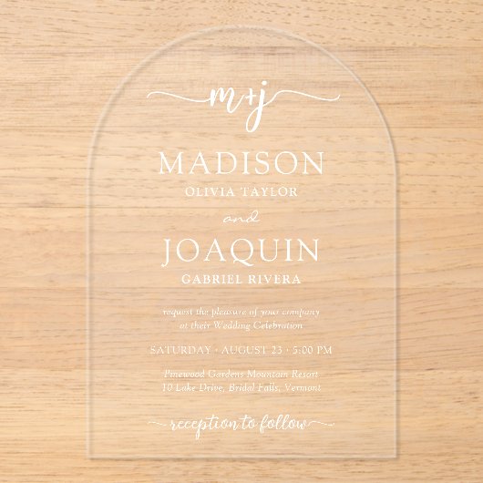Invitations En Acrylique Initiales de script stylées simples Mariage Arché (Recto)
