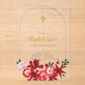Invitations En Acrylique Invitación con flor roja para bautismo (Recto)