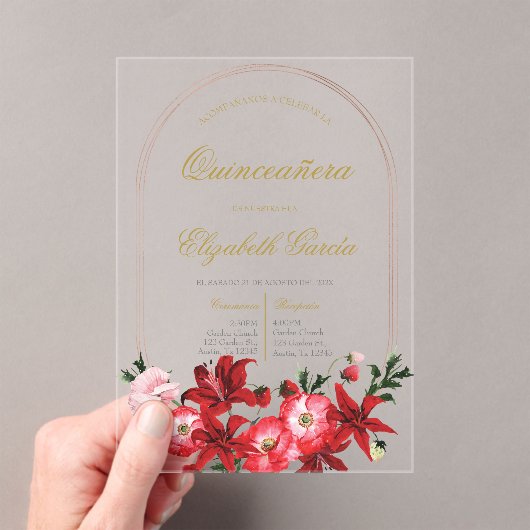 Invitations En Acrylique Invitación con flor roja para quinceañera (In situ (ordinateur de poche))