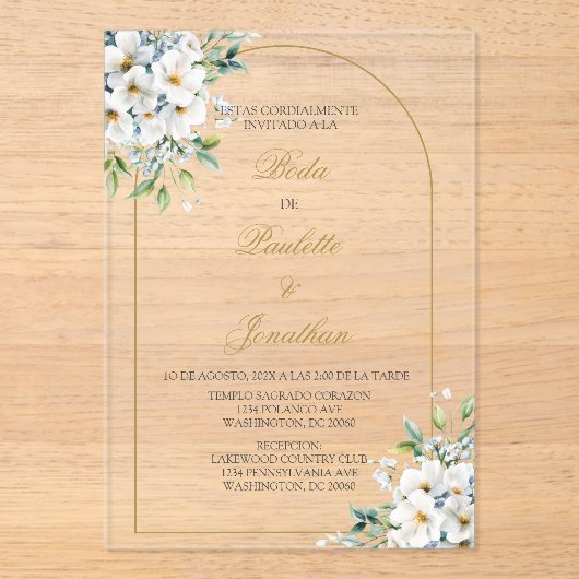 Invitations En Acrylique Invitacion de boda con ramo blanco (Recto)