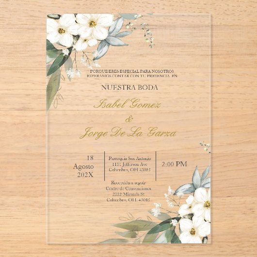 Invitations En Acrylique Invitacion de boda en espanol con flanca (Recto)