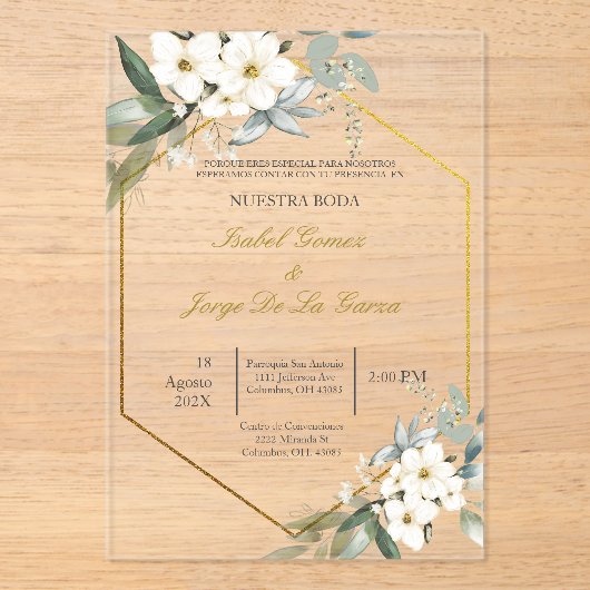 Invitations En Acrylique Invitacion de boda en espanol con flanca (Recto)