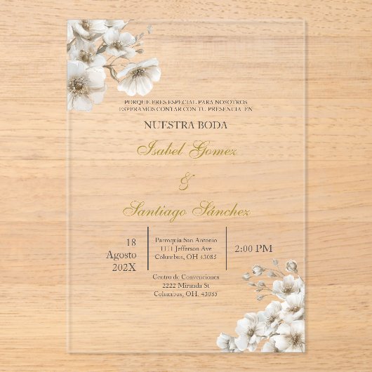 Invitations En Acrylique Invitación en Español para boda (Recto)